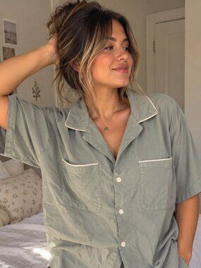 Abercrombie & Fitch Cropped Pajama Sleep Shirt Sage Green Button Up Medium